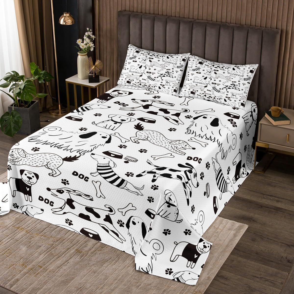 Manfei Animal Paws Bedspread King,Lovely Black and White Doggy Quilted Coverlet 3pcs for Adults Teens Room Decor,Cartoon Dog Soft Breathable Bedding Quilt
