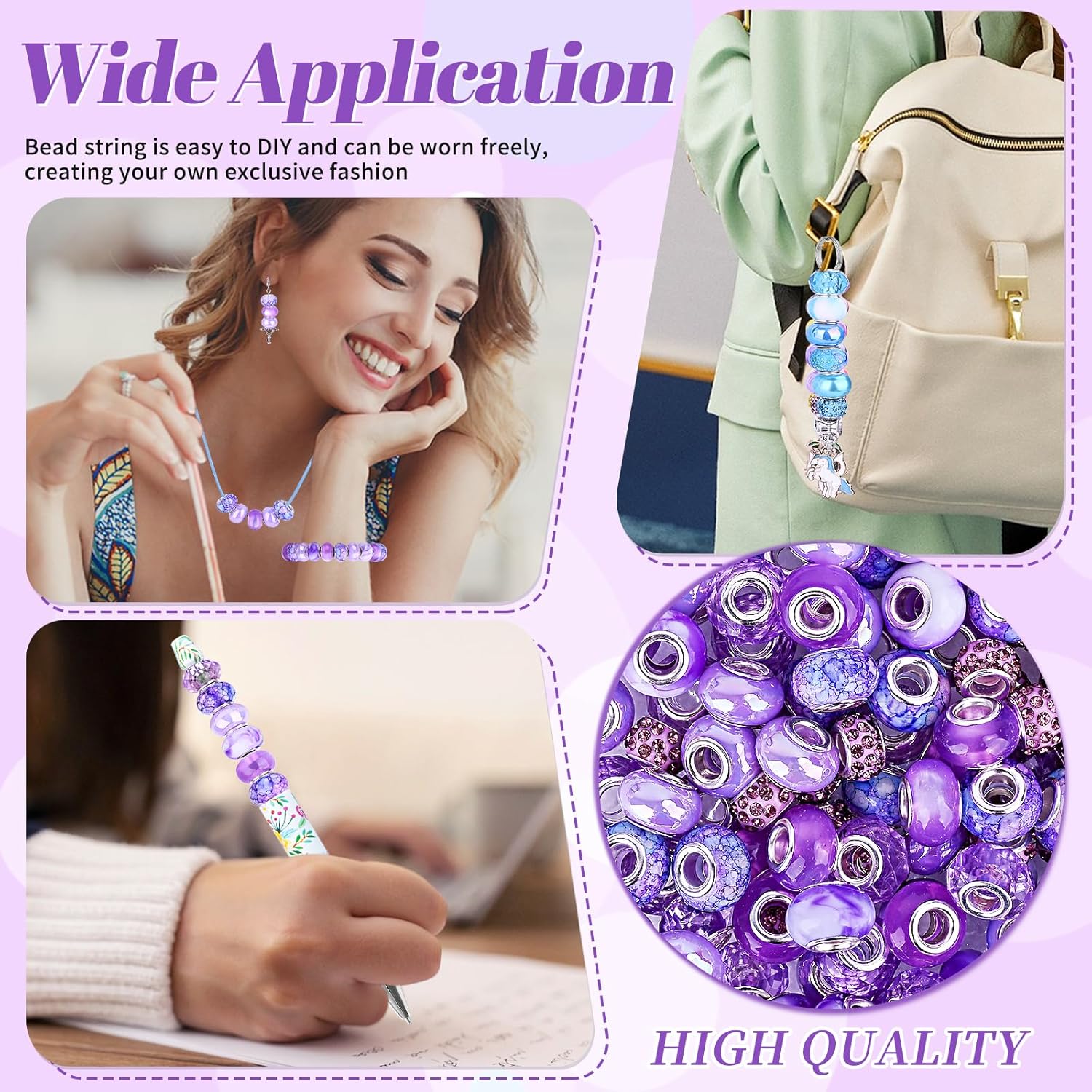 120pcs European Large Hole Beads, Assortments Charm Lampwork Murano Spacer Craft Beads for DIY Charms Bracelet Necklace Earring Jewelry Making Supplies(Purple) - Image 7