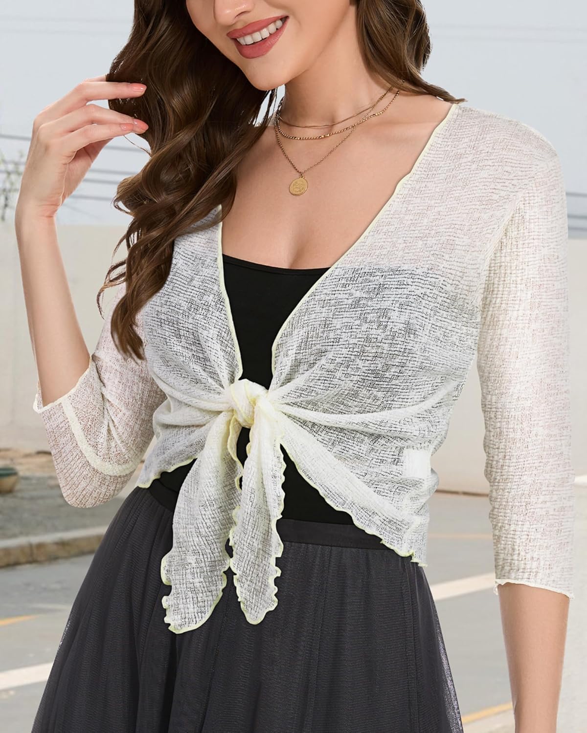 Women Crop Cardigan Sheer Mesh Bolero Shrug for Dress Tie Front 3/4 Sleeve Tops - Image 5