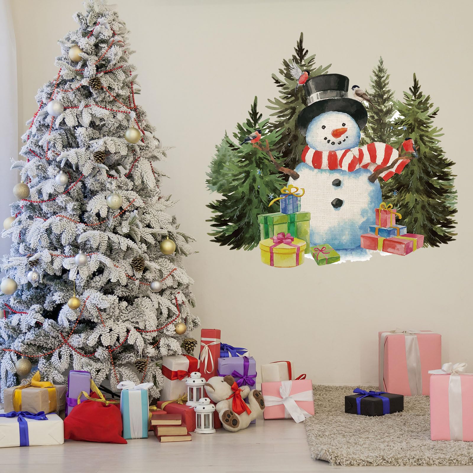 Qeeenar 3 Bögen Weihnachten Schneemann Wandaufkleber Weihnachten Schneemann Wanddekoration DIY Abnehmbare Weihnachten Wandaufkleber Aquarell Weihnachten Fenster Haften für Xmas Badezimmer Wohnzimmer
