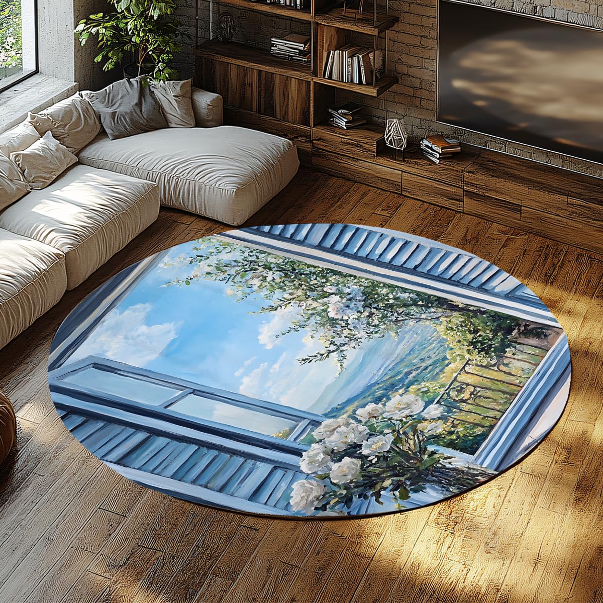 Tapis doux pour salon avec vue de fenêtre française et hortensias