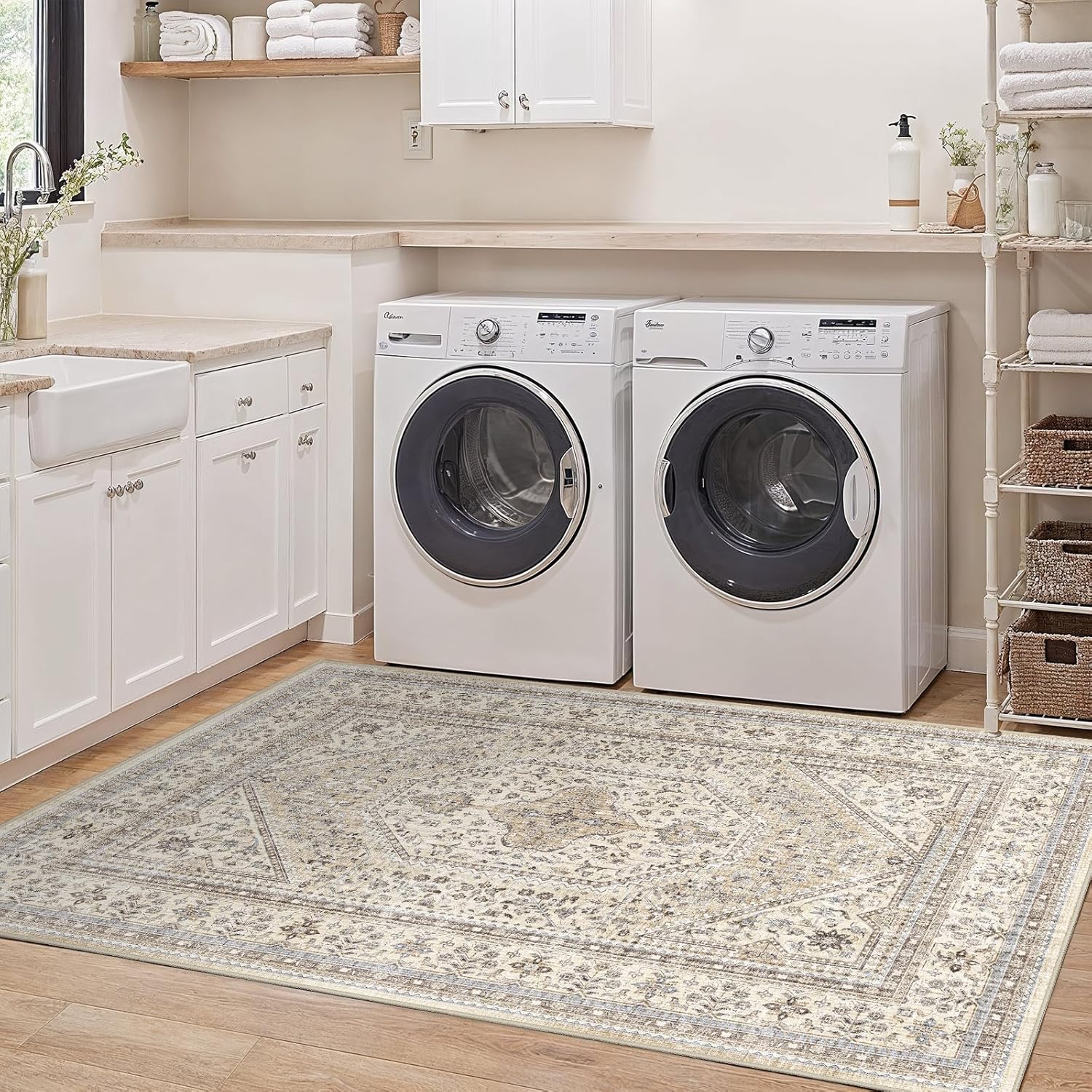 Washable 3x5 Area Rug for Entryway - Bedroom Rugs with Non Slip Rubber Backing for Kitchen Bathroom Indoor Soft Stain Resistant Carpet Rug for Pet Feeding Area and Distressed Floor Decor Beige/Gray