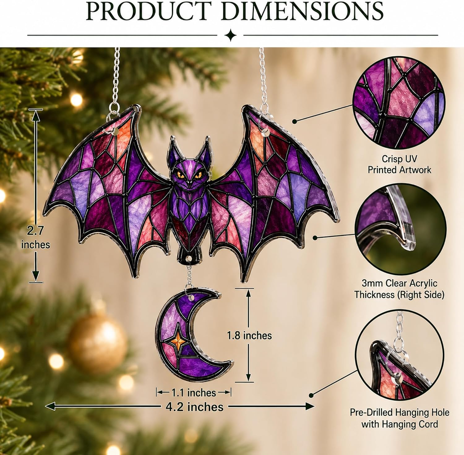 Gothic Bat Suncatcher, Halloween Acrylic Window Hanging with Crescent Moon, Halloween Window Decor, Witchy Home Accent, Bat Lover Gift, Spooky Present