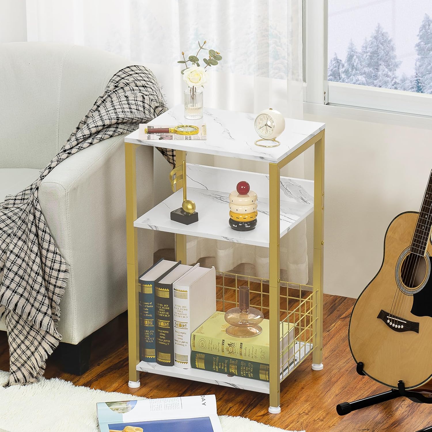 LELELINKY Side Table,White Marble Night Stand with Golden Metal Frame,3 Tier Industrial Wooden Record Player Stand with Vinyl Storage Shelf ,End Tables for Living Room Bedroom Small Spaces