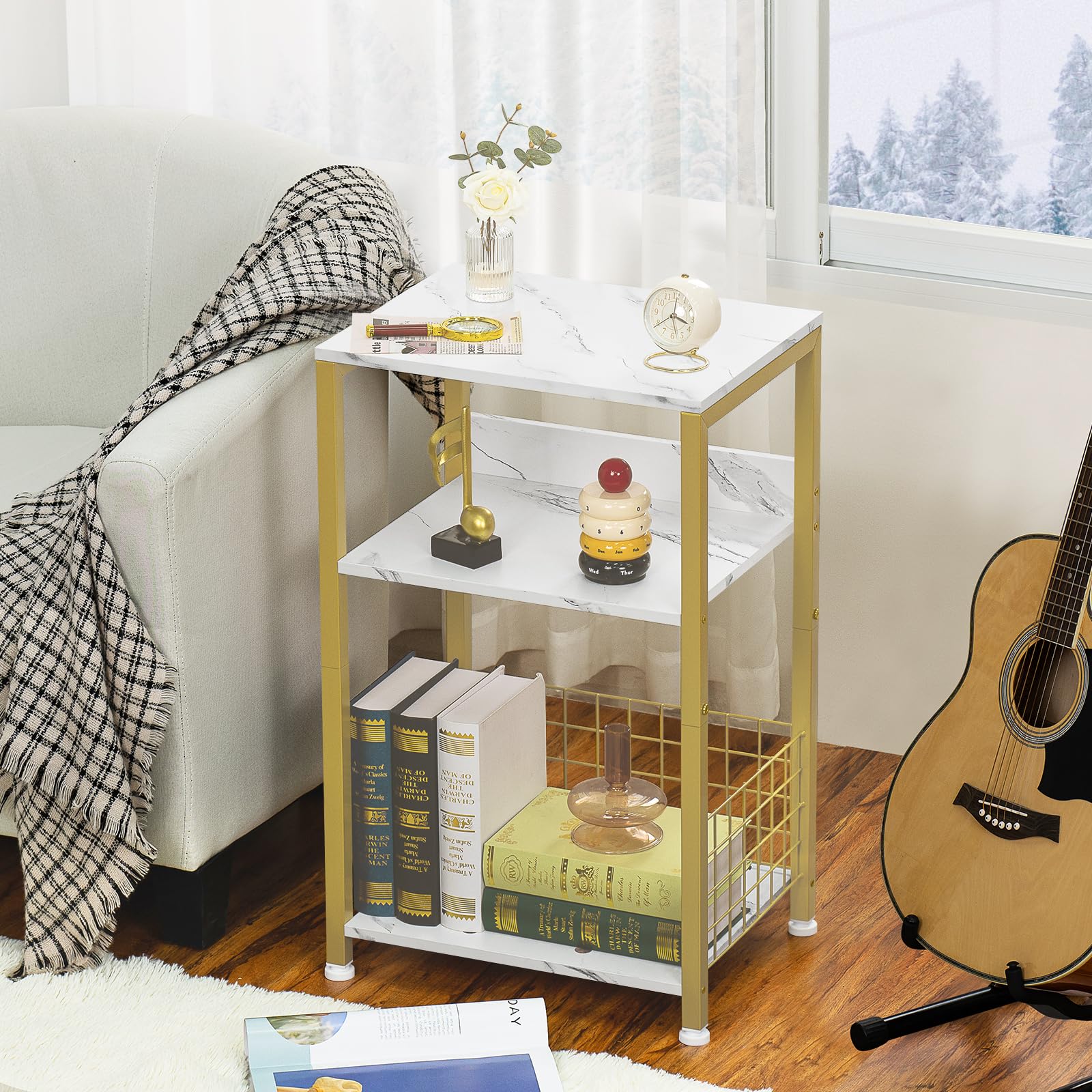 LELELINKY Side Table,White Marble Night Stand with Golden Metal Frame,3 Tier Industrial Wooden Record Player Stand with Vinyl Storage Shelf,End Tables for Living Room Bedroom Small Spaces