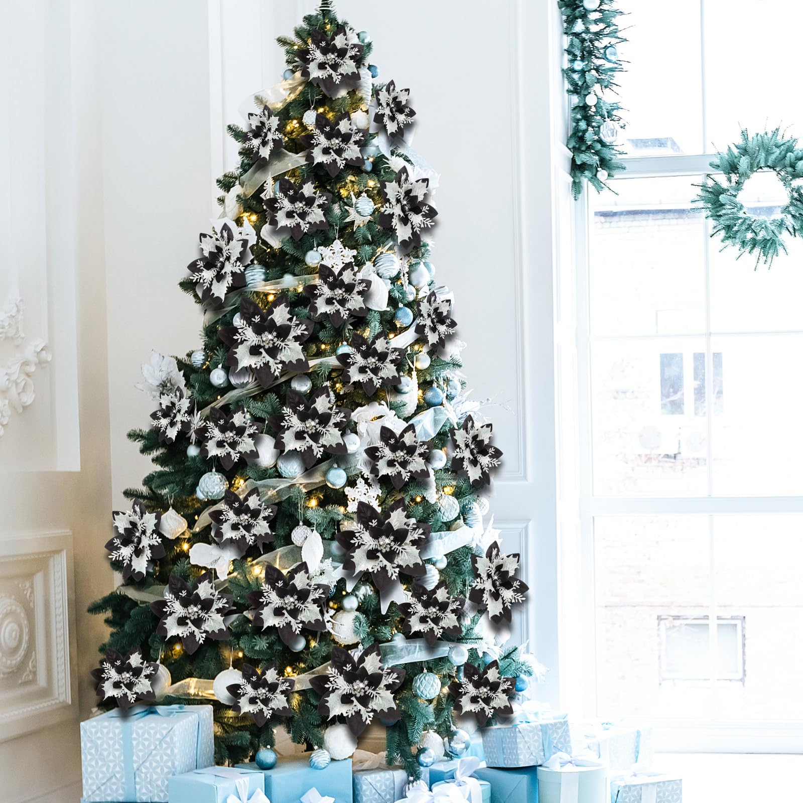 Alupssuc 24 Stelle Di Natale Artificiali Glitterate – 3 Stili, 15,2 Cm, Con Clip, Per Albero E Decorazioni Natalizie (Argento) - 2