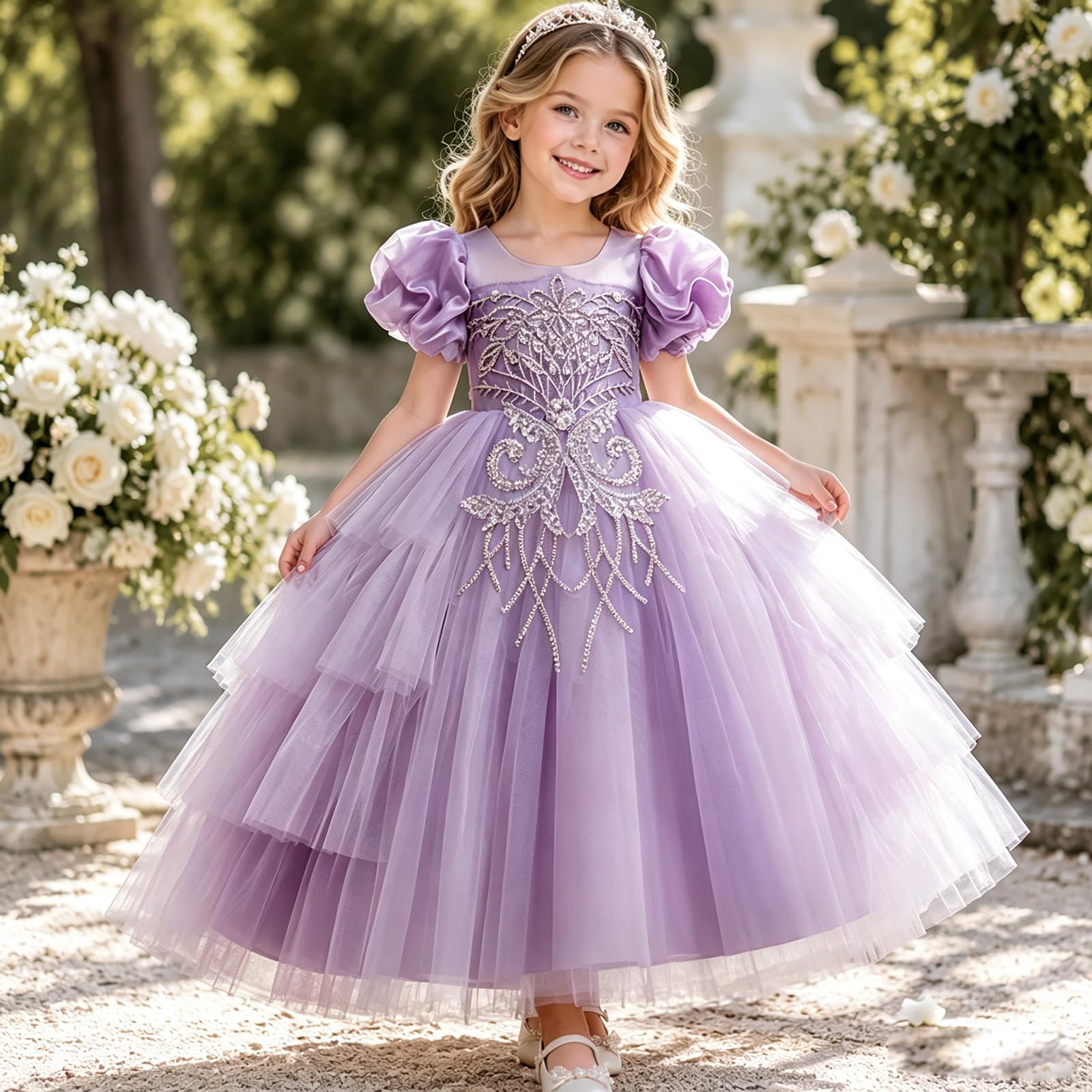 Discoball Mädchen Kuchen Stil Lange Kleid Unregelmäßige Puffärmel Puffy Prinzessin Kleid für Party Hochzeit Taufe Geburtstag Festzug, violett, 6-7 Jahre