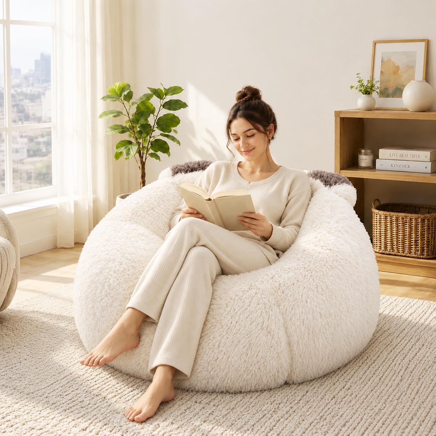 Bear Ear Bean Bag Sofa,Fluffy Long-Shag Faux Fur Lazy Sofa,Ergonomic Wraparound Support Bean Chair,Deep Seat Oversized Bean Bag Couch for Living Room Bedroom Nursery,Cream,Cream
