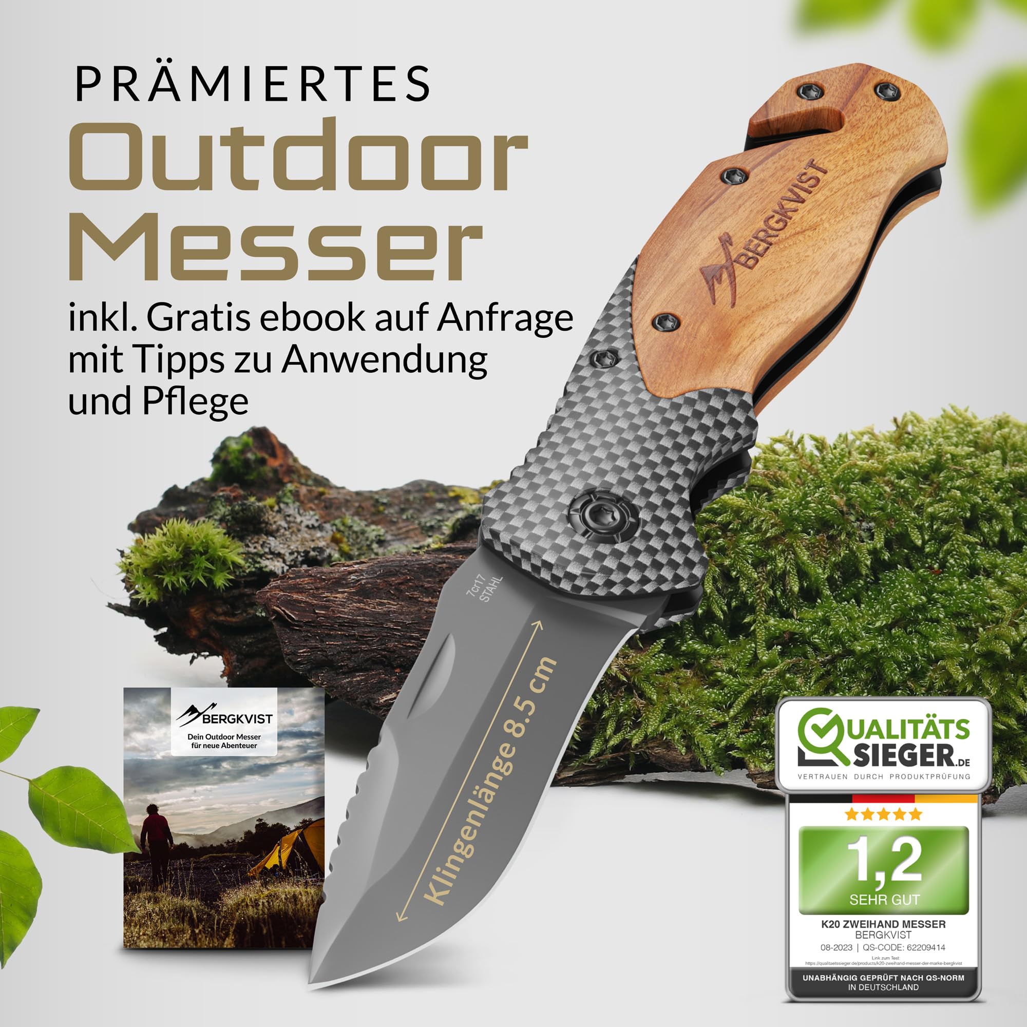 BERGKVIST® K20 Klappmesser für Outdoor & Survival [3-in-1 Zweihandmesser] | scharfes Taschenmesser, Mitführen in Deutschland erlaubt, mit Holzgriff, Glasbrecher, Gurtschneider, Feuerstahl & Tasche