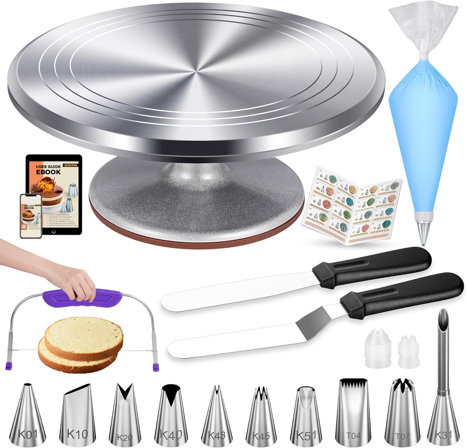Kootek 253 Pcs Cake Decorating Kit, 12" Aluminum Alloy Cake Turntable, 48 Numbered Icing Tips, 3 Russian Piping Nozzles, Offset and Straight Spatulas, Cake Leveler, Pastry Bags Baking Supplies