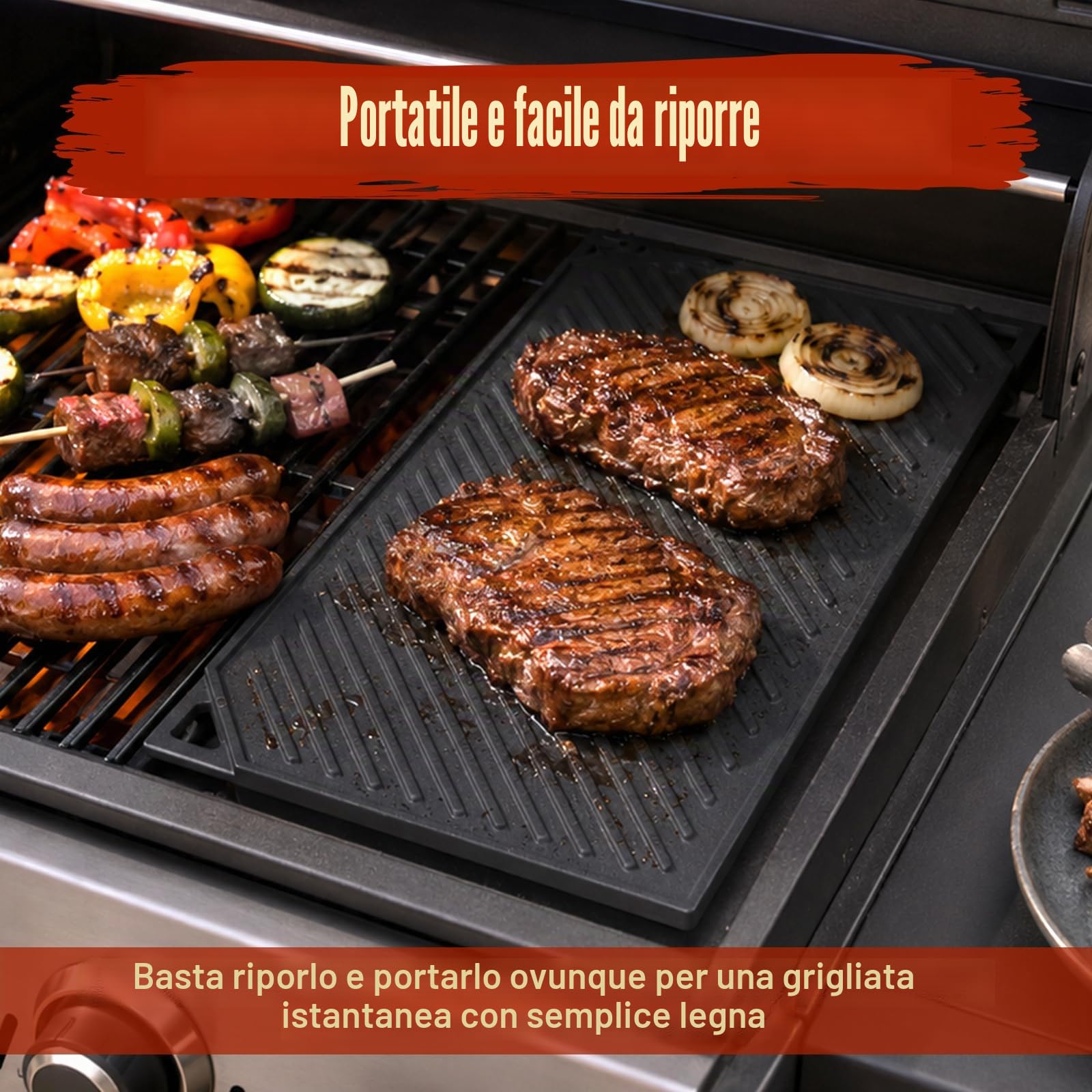 Denmay Piastra in ghisa 42 x 24 cm, antiaderente reversibile griglia per barbecue a gas, piastra in ghisa per fornelli a gas, forno, barbecue all'aperto o falò, 1 pezzo