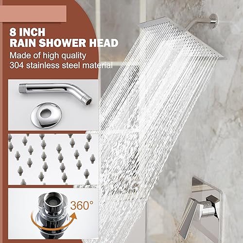 Miniatura 4 de Juego de grifo de ducha, grifo de bañera de cromo con cabezal de ducha de lluvia de 8 pulgadas totalmente metálico y caño de bañera, kit de ajuste