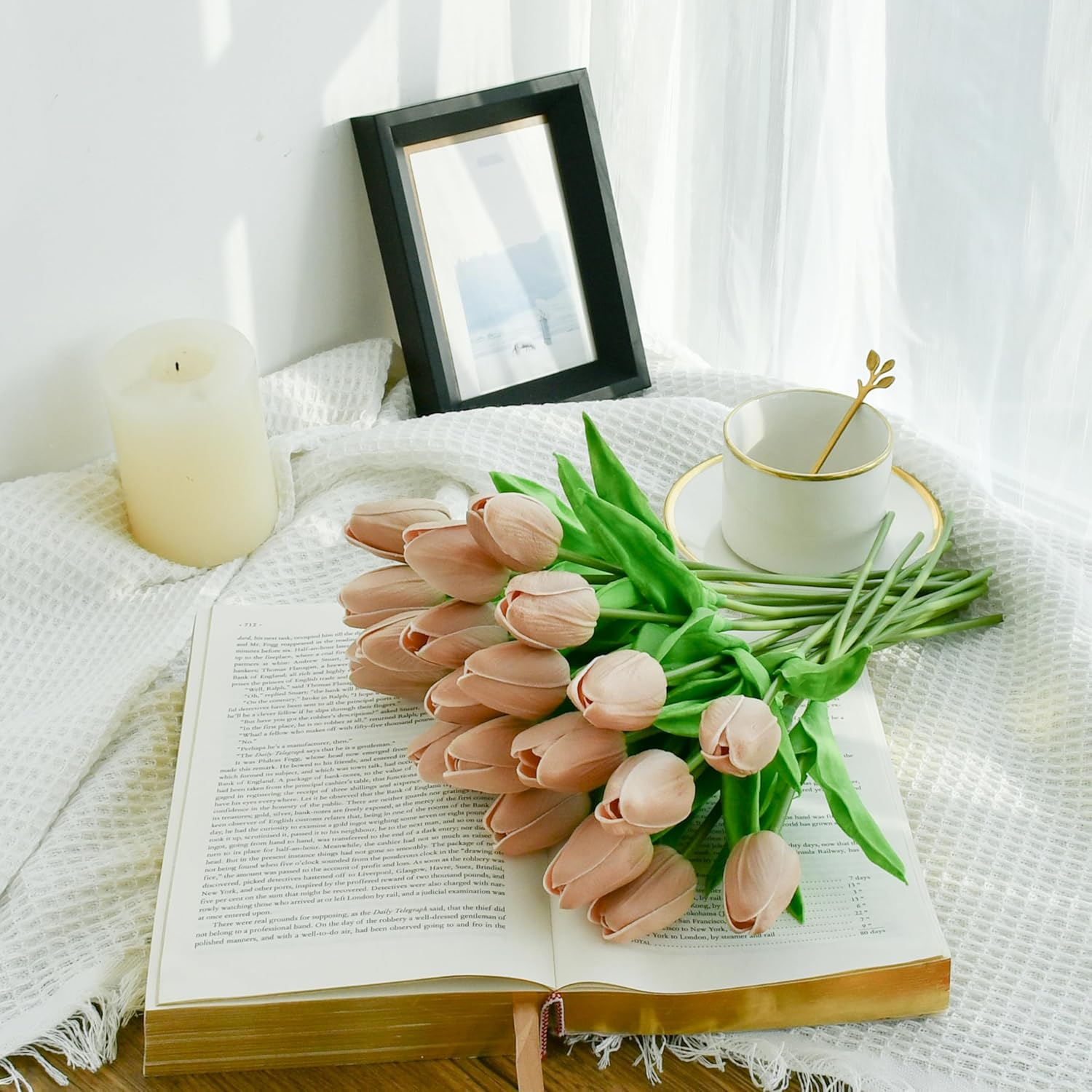 Mandy's Artificial Tulips 20 Stems Light Brown PU Faux Flowers for Valentine's Day and Easter Decorations Wedding Home Decor 13.5 Inch - Image 6