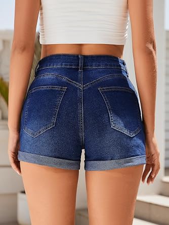 Bosmeer Women's Mid-High Rise Ripped Denim Shorts Stretchy Distressed Jean Shorts with Pockets Folded Hem Casual Summer Jorts