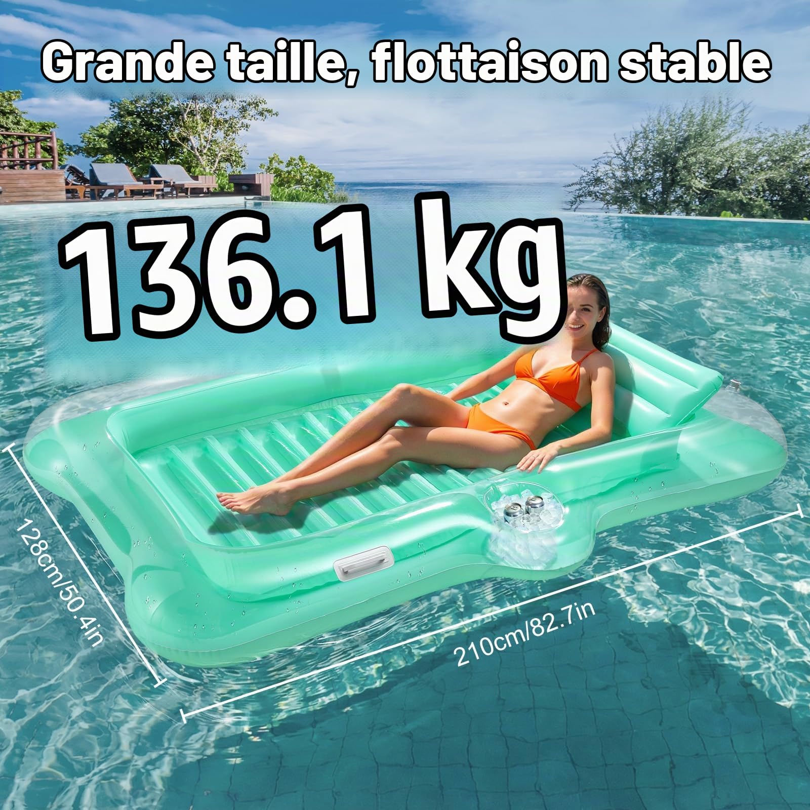 HeySplash Flotteur de Piscine Gonflable, Grand Bateau Flottant Gonflable pour Adultes avec Porte-Gobelet et Oreiller Détachable, Flotteur de Bronzage en Lac, Rivière, Eté, Vert Cristallin