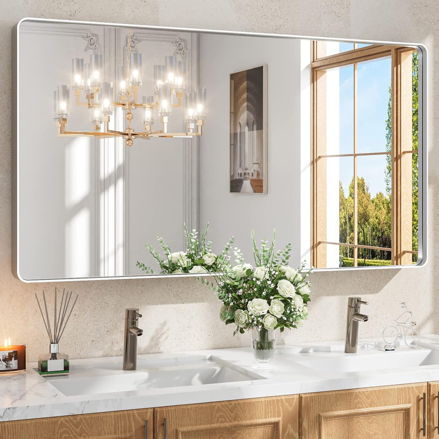 LOAAO 55X30 Inch Silver Bathroom Mirror, Rounded Rectangle