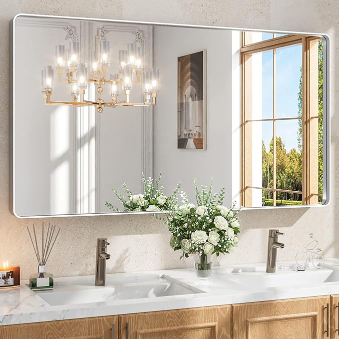 LOAAO 55X30 Inch Silver Bathroom Mirror, Rounded Rectangle