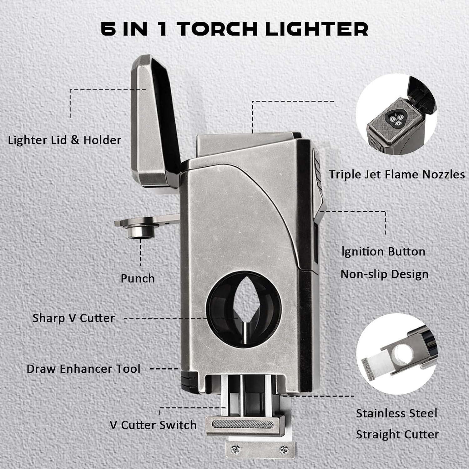 6-in-1 Triple Jet Butane Torch Lighter Built-in V & Straight Cutter, Punch, Holder, Draw Enhancer, Refillable Lighters and Windproof Gas Lighter for Candles, Cool Lighter for Men (No Gas)