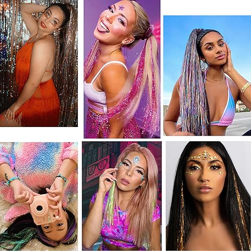 Miniatura 6 de 12 extensiones de cabello de oropel con clip de oropel con purpurina de 19.6 pulgadas, kit de oropel resistente al calor, accesorios de cabello de