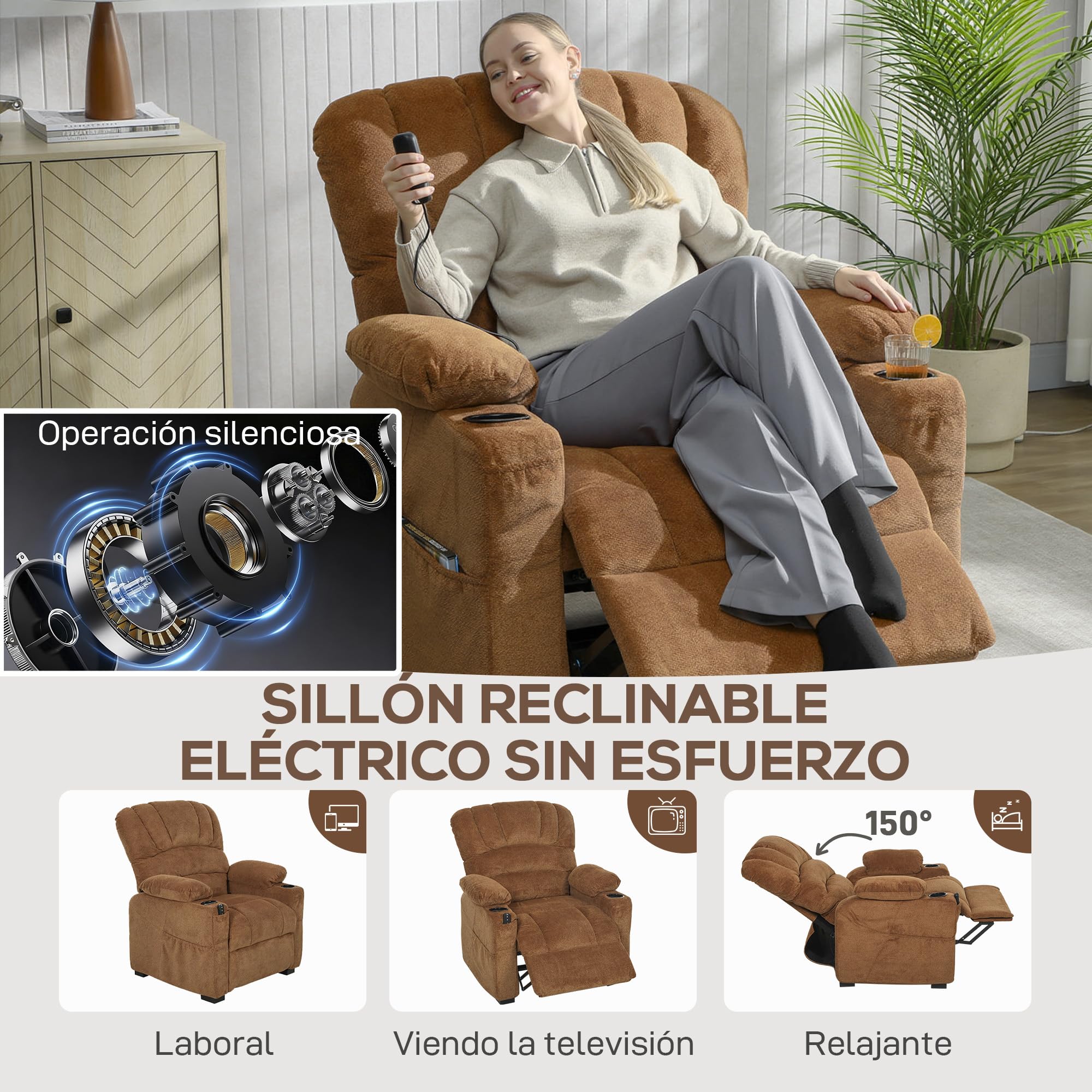 HOMCOM Sillón Relax Reclinable Eléctrico, Sillón Reclinable Silencioso de Terciopelo con Función Memoria, Reposapiés, Mando a Distancia, Bolsillos, Puerto USB, Portavasos, Respaldo Concha, Marrón