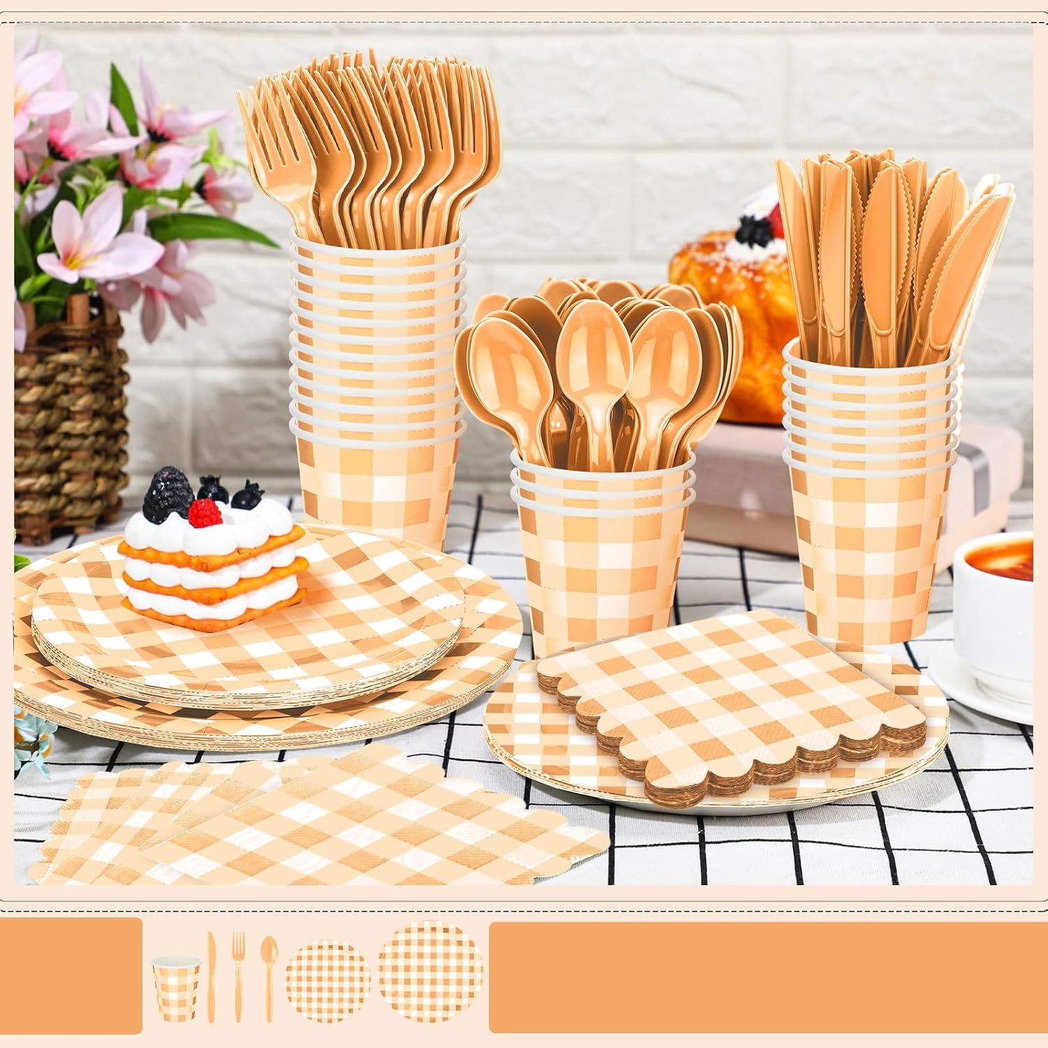 Newtay 168 Pcs Gingham Party Supplies for 24 Guests Thick Paper Plates Knives Spoons Forks Napkins Cups Disposable Set Cutlery for Baby Shower 1st Birthday Wedding Party Favor(Orange)
