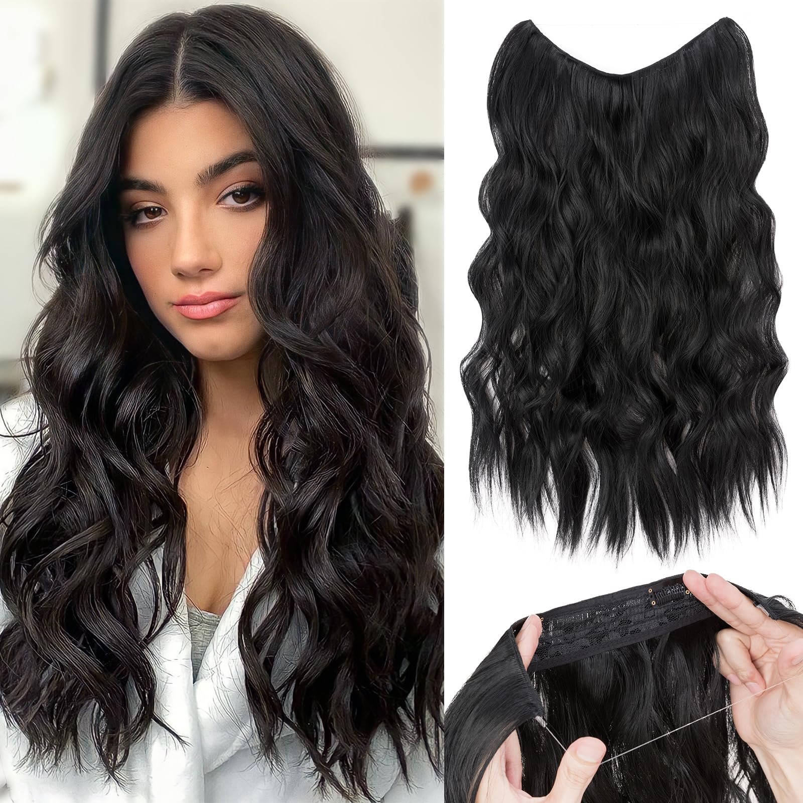 TESS Secret Wire Hair Extension Wavy Invisible One Piece Synthetic Hair Extensions Curly Full Thick Long Adjustable Hairpieces for Women (Dark Black