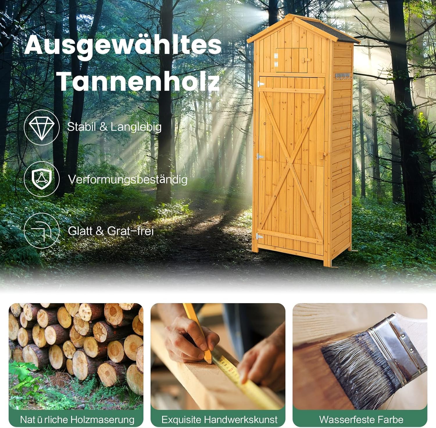 FANTASK Armadio da giardino in legno con tavolo e porta pieghevoli, resistente alle intemperie, capanno degli attrezzi con 8 ganci, capannone in legno con tetto a capanna per attrezzi da giardino