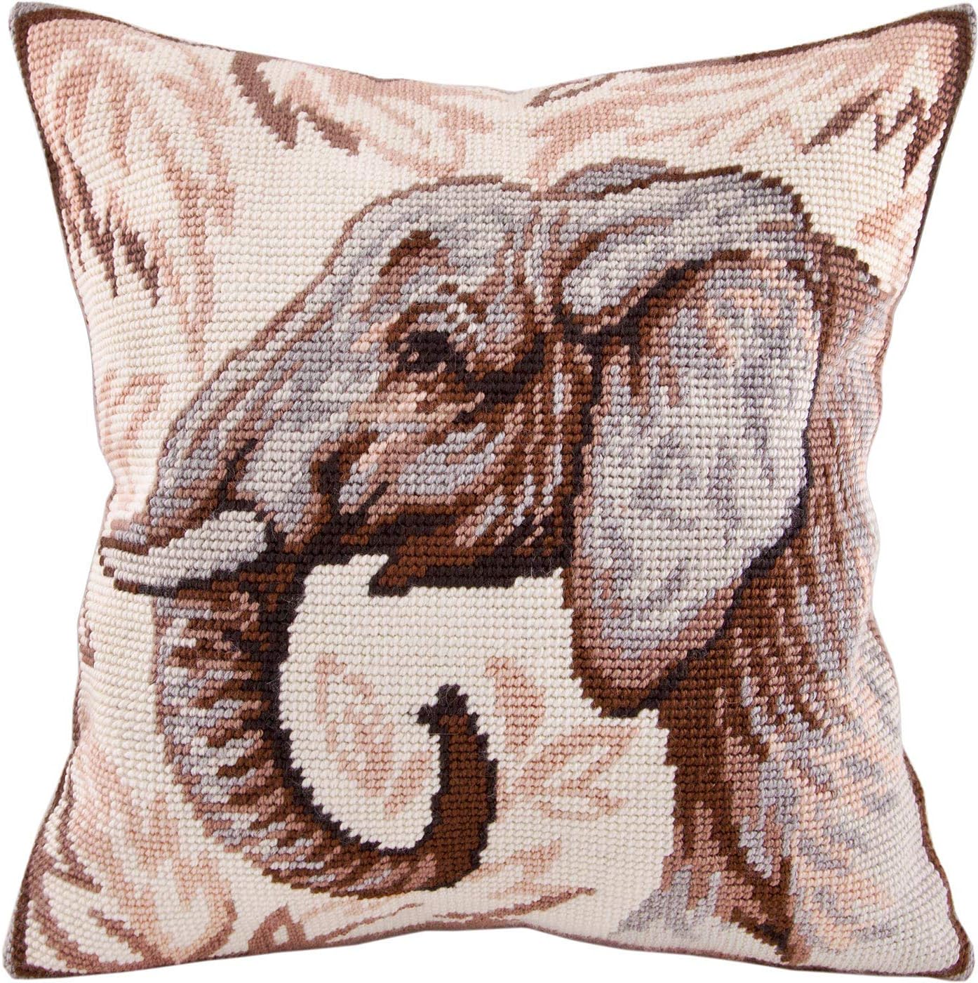 Brvsk Ferine Needlepoint Kit for Adults and Beginners — Elephant 16″ × 16″ with Clear, Precise Printed Design on Cotton Canvas; Includes 2 Needles, Yarn, and Easy-Read Chart