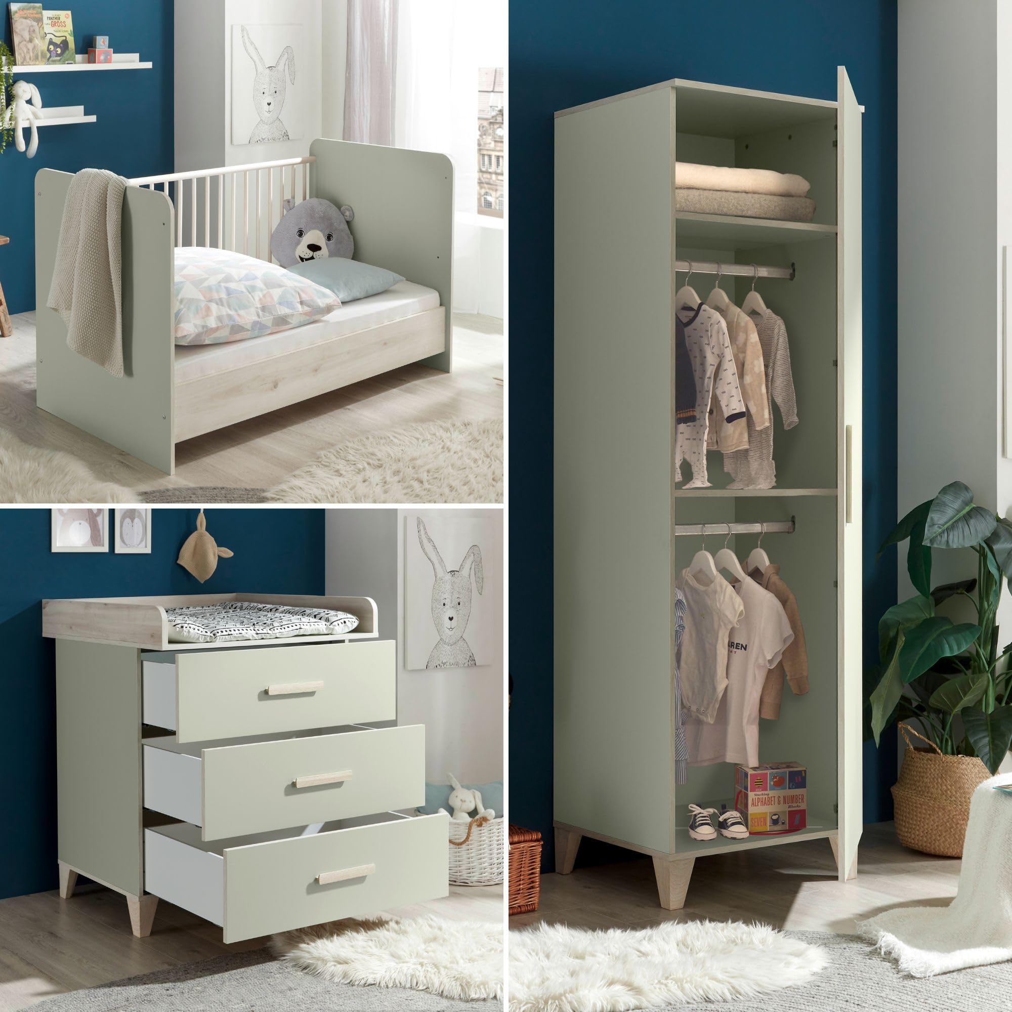 Stella Trading Prizzi Complet Aspect Ensemble de Meubles pour Chambre 3 pièces composé d'une Armoire, d'un lit de bébé et d'une Commode à Langer, Bois, Vert Pastel/Aurum, Komplett-Set