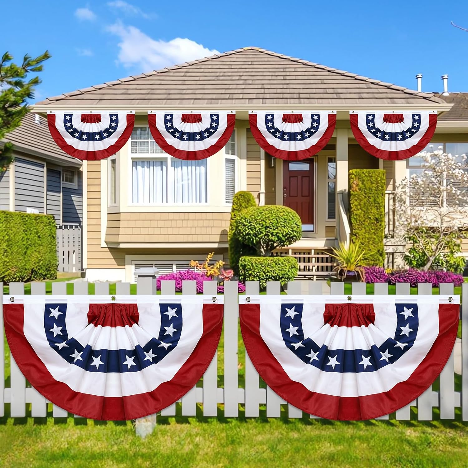 3 Pack American Pleated Fan Flag,3 X 6 FT American Bunting with Brass Grommets and Zip Ties,Patriotic Half Fan Banner Flag Decor, Memorial Day 4th of July Decoration Outdoor