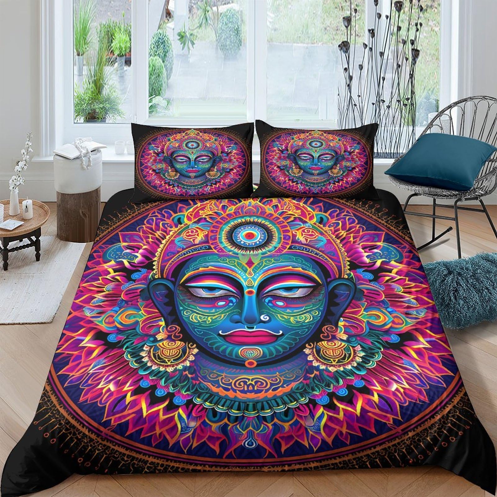 Ctjqhvkz Style-3 3D Printed Psychedelic Mandala Fitted Sheet Microfiber Soft Breathable Buddha Face Mattress Cover For Bedroom Dorm Decor Single（135X200cm）
