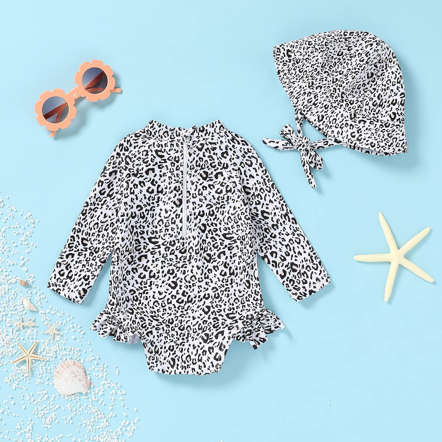 Infant Baby Girl Swimsuit One-Piece Long Sleeve Rash Guard with Hat Set Floral Zipper Bathing Suit Leopard Beach Wear image 3