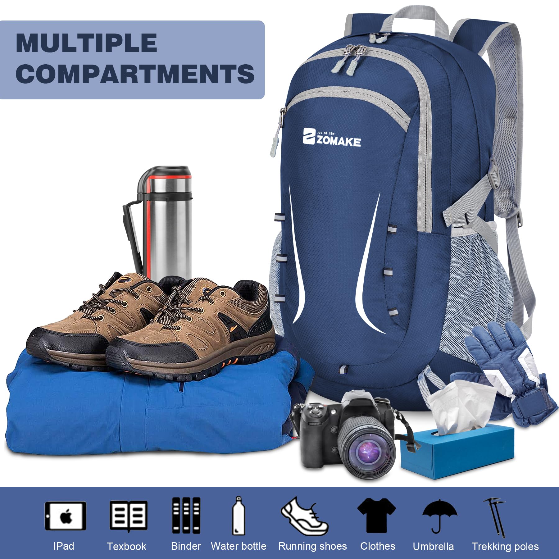 ZOMAKE Zaino da Trekking Leggero da 40L,Pieghevole,Impermeabile da Viaggio per Uomini E Donne (Blu Navy-PL)