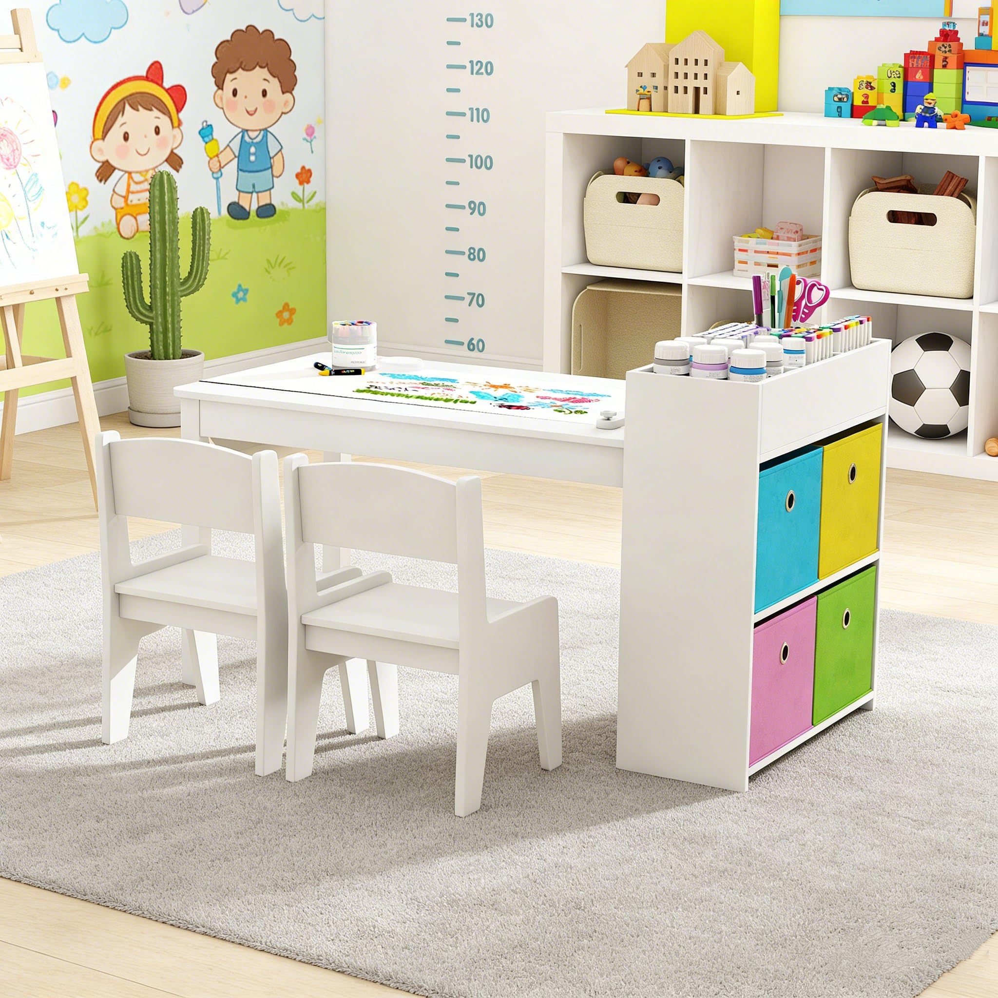 LIFEZEAL Kindertisch mit 2 Stühlen, Kinder Spieltisch und Stühle Set mit Papierrollen und 4 Stoffablagekörben, kindersitzgruppe Aktivitätstisch zum Malen, Schreiben für Mädchen & Jungen (Weiß)