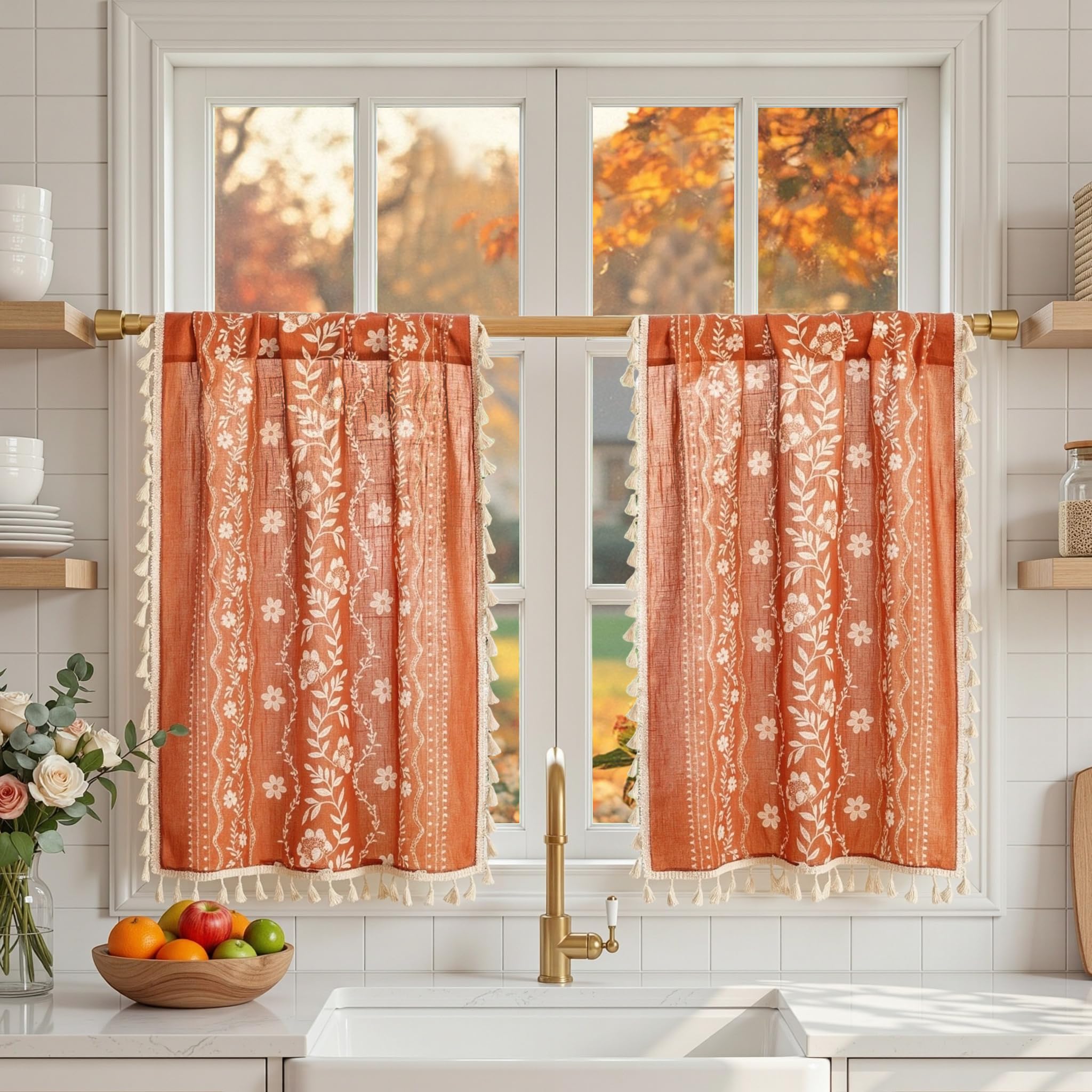 MYSKY HOME Linen Boho Floral Short Tier Curtains 36 Inch Length 2 Pcs
