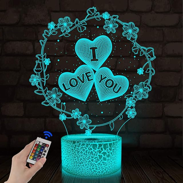 Lover 3D Illusion Night Light, Hologram Optical Lamp 16 Colors with Remote Control Changing, LED Bedside Nightlight Kids Bedroom Decor Best Valentine's Day Birthday Gift for Girl Women Men