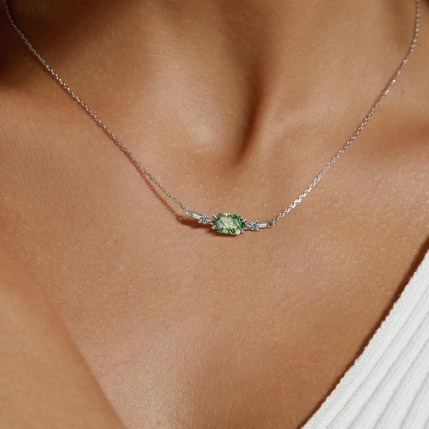 WES Pendant Necklace 925 Sterling Silver Moss Agate Pendant Necklace for Women,Green Hexagon Prong Gemstone Necklace for Women - Image 3