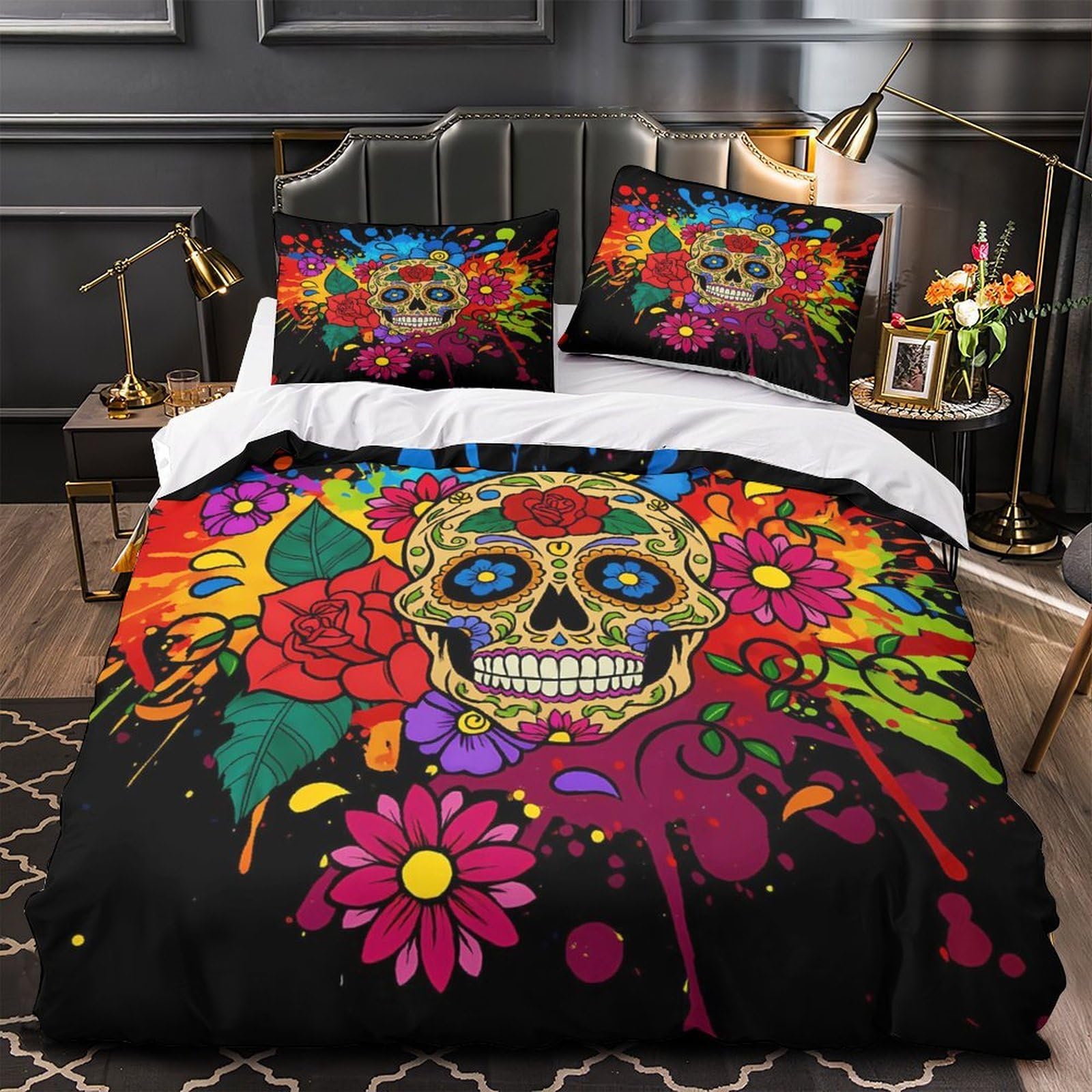 Housse de Couette Crâne de Sucre Hypoallergénique et Parure de Lit Microfibre