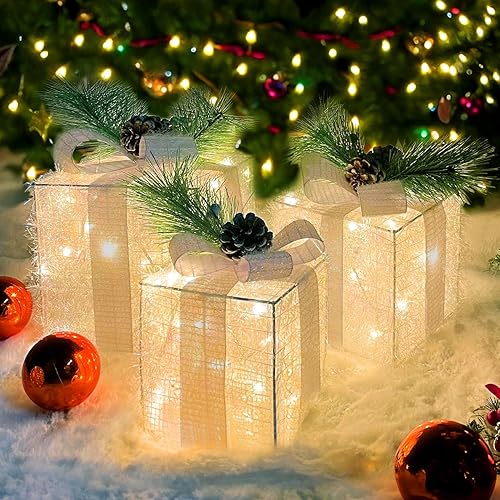 Opawel Juego de 3 cajas de regalo iluminadas para decoración de Navidad, decoración de interiores y exteriores con luces LED, lazo y piñas para