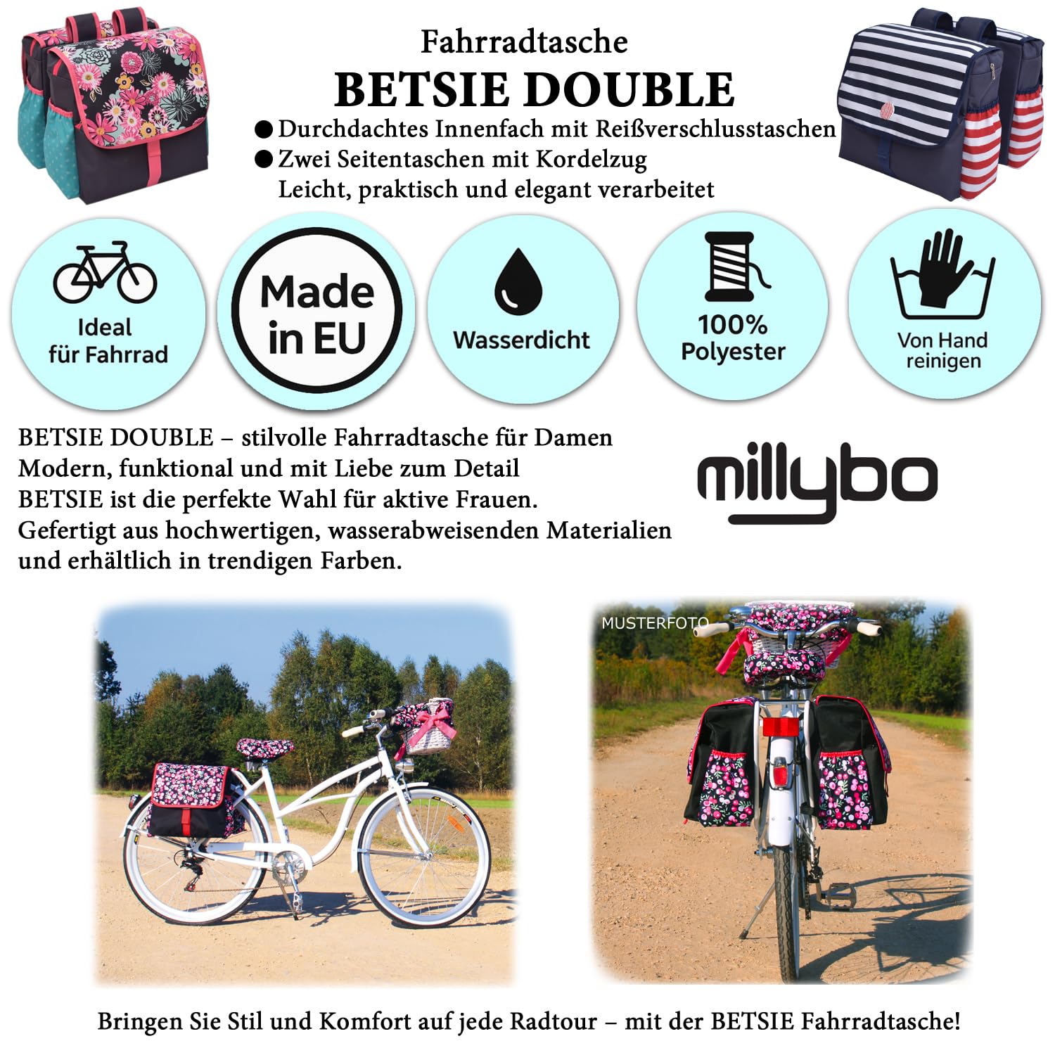 millybo BETSIE Double Gepäckträgertasche Fahrradtasche Doppeltasche Gepäckträger Tasche Fahrrad Tasche viele Muster (105.002 Graphite) Sport & Freizeit