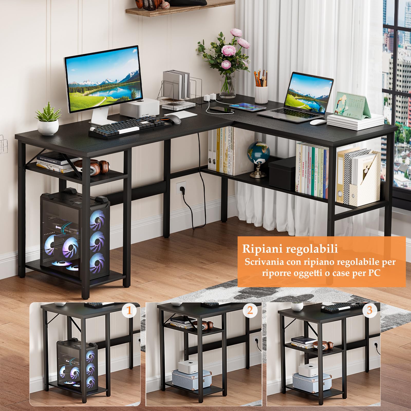 Homieasy Scrivania Angolare 128cm con Prese e USB, Nero | Design Reversibile, Supporto CPU e Ripiano, Salvaspazio per Casa e Ufficio, Metallo e MDF