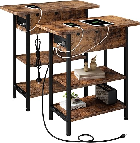 Miniatura 8 de LIDYUK Mesa auxiliar con estación de carga, juego de 2 mesas auxiliares estrechas para espacios pequeños, juego de 2 mesas de noche para dormitorio,