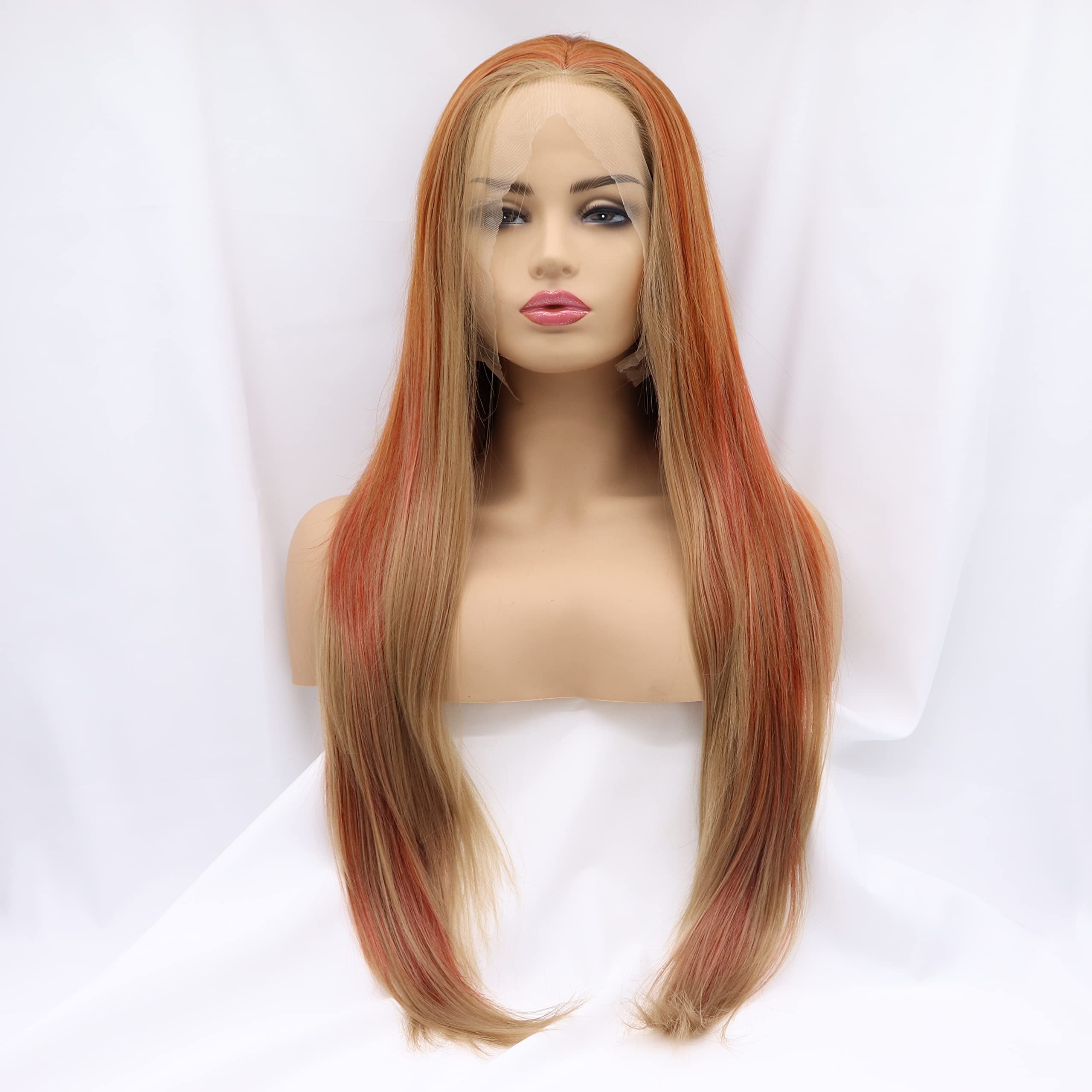 Xiweiya 13x3 Lace Wigs Ginger Orange Ombre Blonde Brown Hair Tips Long Wavy Synthetic Lace Front Wig Natural Hairline Wig for Fashion Women Wear Heat Resistant Fiber Halloween Cosplay Wigs - Image 2
