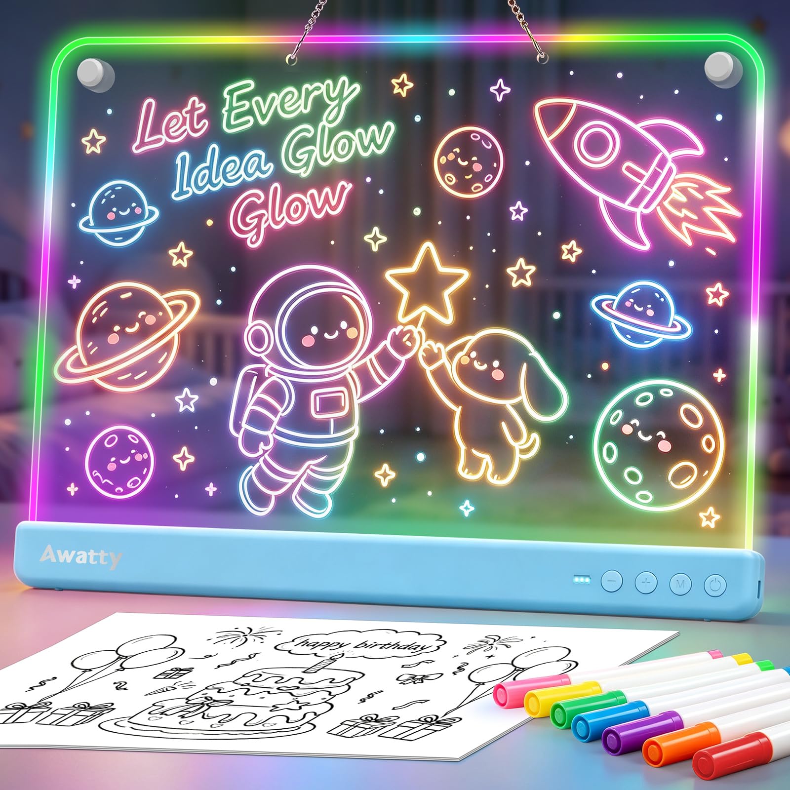 Awatty Lavagna da Disegno a LED, Giocattoli Regalo Bambini Bambine (Blu) | Ricaricabile,10 Luci, 5 Luminosità,36×26cm,Tavolo o Muro,Giocattolo Educativo, Regalo Compleanno 4 5 6 7 8 9 10 11 12 13 Anni