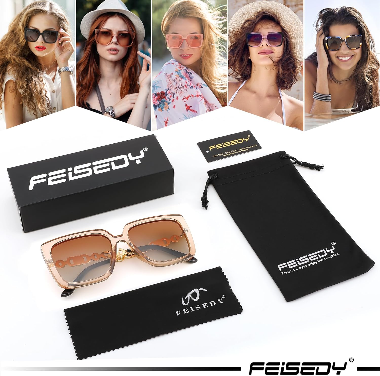 FEISEDY Sunglasses Womens Trendy, Oversized Square Shades, Pearl Inlay Cat Eye Frame UV400 Protection B2625