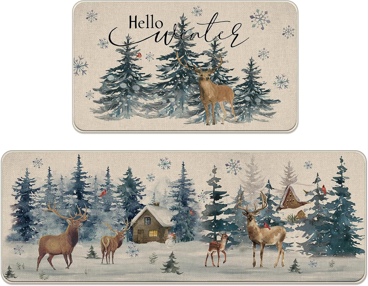 Hello Winter Wonderland Kitchen Rugs Set of 2, Watercolor Forest Animals Pine Tree Reindeer Cabin Floor Mats Decor, Farmhouse Rustic Christmas Door Mat Home Decorations - 17x29 and 17x47 Inches