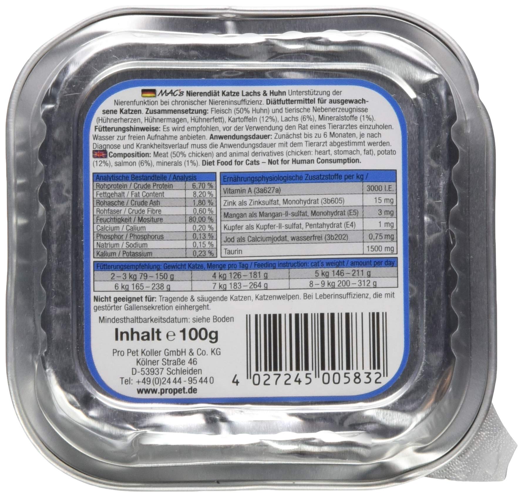 Mac's Cibo per gatti senza cereali Vetcare salmone pollo dieta renale 100 g