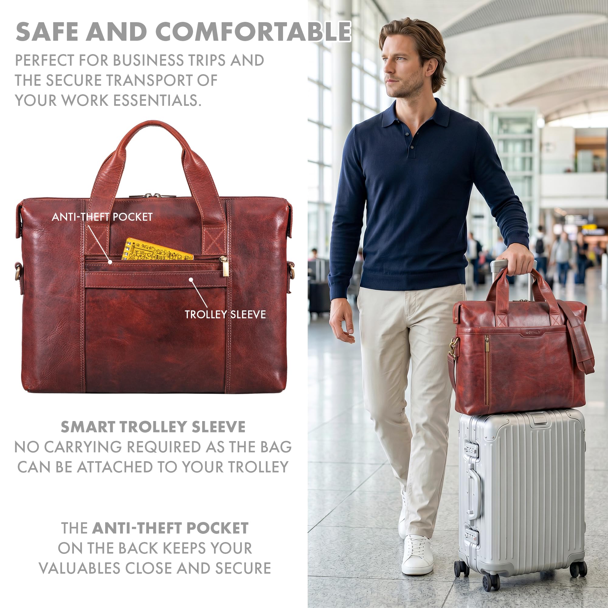 ROYALZ 'Seattle' Moderne Ledertasche Herren aus Echtleder groß - ideal als Business Aktentasche flache Laptoptasche 14-15.6 Zoll zum Reisen mit Trolley Halter