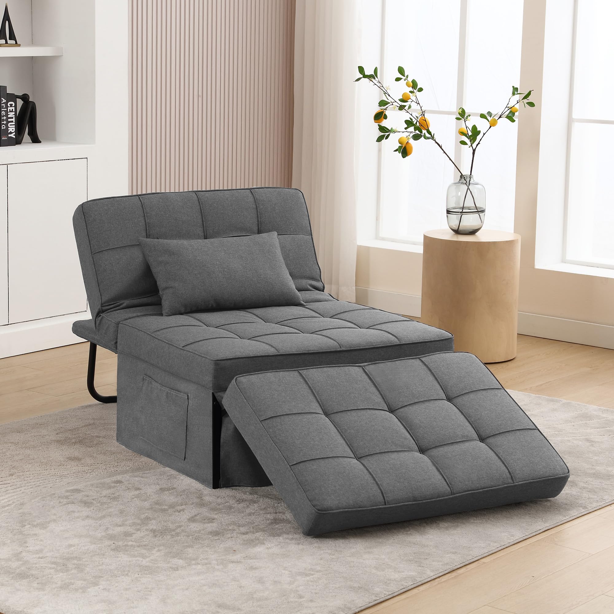 Fiona's magic Sofa Bed, 4 in 1 Multi-Function Convertible Ottoman, Modern Breathable Linen Folding Couch Bed with Adjustable Backrest and Storage Bag for Living Room Apartment Office, Light Grey