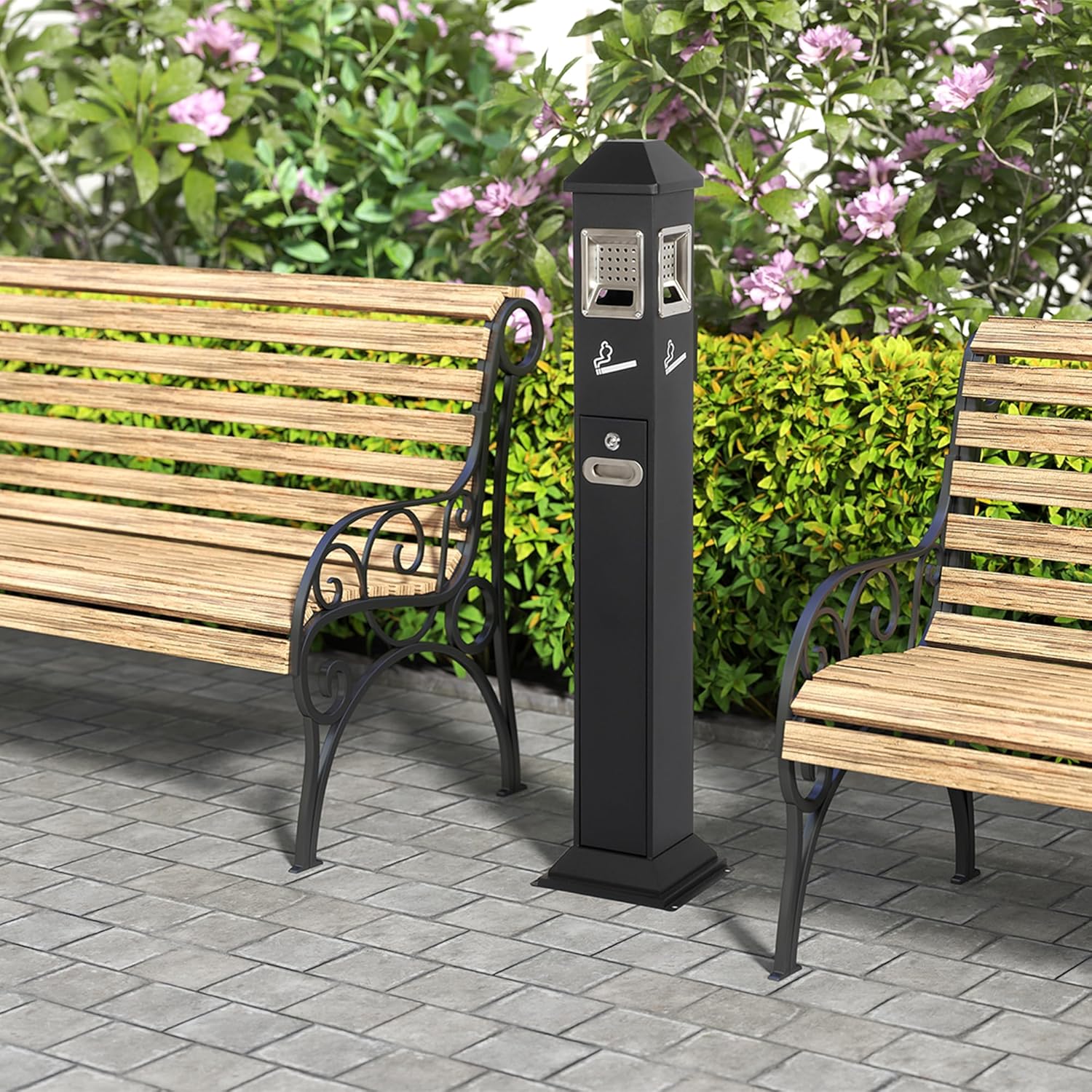 AIWFL Metal Vertical Trash Bin Outdoor Trash Cans Holder Waste Containers 1.2M Ash Bin w/Key (Black)